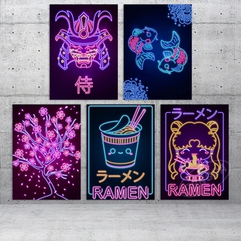 HD Spausdinti Japonų Stiliaus Tapybos Namų Dekoras Drobė Gyvūnų Plakatas Neoninės šviesos Linijos Modulinės Dekoracijos Nuotrauką Gyvenimo Kambario Sienos Menas  10