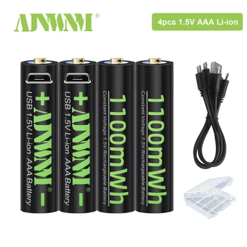 AJNWNM AAA Baterijos 1,5 V Li-ion AAA Akumuliatoriai 1100MwH 3A aaa žibintuvėlis baterija su USB Laidu  10