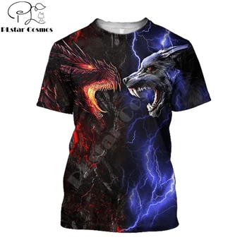 Vasaros Hipster Vyrų t-shirt Red/blue dragon ir wolf 3D Visi Per Atspausdintas Harajuku Trumpas rankovės marškinėliai Unisex Atsitiktinis viršūnes TX0188  5