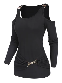 Šalto Pečių Vientisos Spalvos Grandinės Embellishment Long Sleeve T Shirt Moterims, Juodos Spalvos Marškinėliai Rudens Pavasario, Nauja  5
