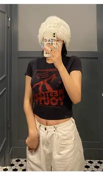 Derliaus trumpomis rankovėmis T-shirt 90-ųjų grunge derliaus Harajuku spausdinti modelio croptop punk streetwear estetinės moterų mujer pasėlių viršų  4