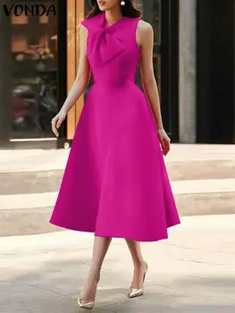 Mados Moterų Satino Suknelė Vasaros Elegantiškas Biuras Suknelė VONDA 2022 Laisvas Midi Skraiste Femme Šalies Sundress Atsitiktinis Negabaritinių Vestidos  4