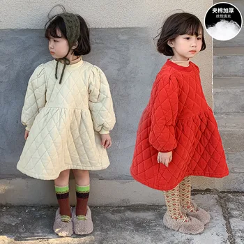 Korėjos stiliaus žiemos mergaitės velvetas šiltas dygsniuotas princesė suknelės 3 spalvos pledas tirštėti visas rungtynes suknelė  10