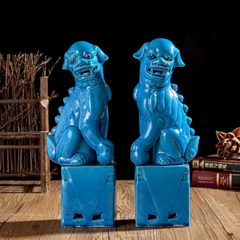 Kinijos Jingdezhen Keramikos, Porceliano Mėlyna Kazkoks Fu Šuo Guardion Liūto Statula Pora  5