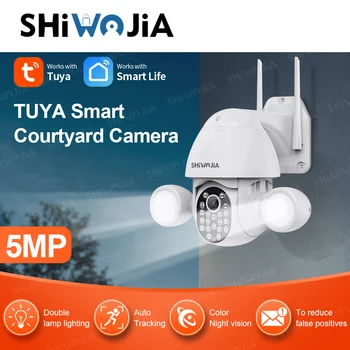 SHIWOJIA Tuya Smart 5MP Stebėjimo Kamerą Žibintai Wifi AI Humanoidų Aptikimo 4X Zoom Debesis VAIZDO LED Lemputės Saugumo Kameros  10
