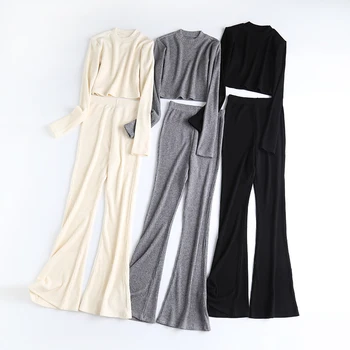 Rudenį mados sexy 2 gabalas rinkinių, moteriški drabužiai balti pasėlių dviejų svarbiausių dalių rinkinys moterims viršaus ir kelnės rinkiniai flare kelnės high waisted  10