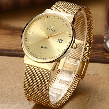 WWOOR Vyrų Paprasta Slim Laikrodžiai Prabangos Prekės Aukso Plieno Tinklelio Ultra Plonas Vandeniui Data Riešo Žiūrėti Vyrų Auksinis Laikrodis Su dėžute Pakuotėje  10