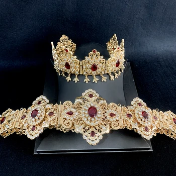 Maroko Vestuvių Papuošalų Rinkinys Bridal Crown Galvos Grandinės Metalo Juosmens Grandinės Nustatyti Kaftan Suknelė, Diržas Arabijos Ponios Dovana  5