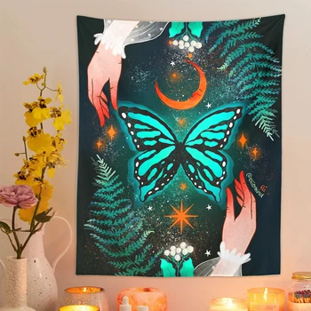 Šviesos drugelis gobelenas psichodelinio fone sienų apdailai žvaigždėtą vertus, juodos spalvos gobelenas Boho Hipių Gobelenai Deco Home  5