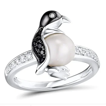 Mielas Pingvinas Perlas Kristalų Gyvūnų Žiedas Moterims Vestuvės Vestuvinis Papuošalų Moterų Rankinio Priedai  2
