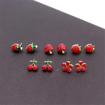 Naujas saldus braškių, vyšnių, obuolių, vaisių auskarai mados raudonos gėlės auskarai moterų subtilūs auskarai, Juvelyriniai dirbiniai didmeninė  4