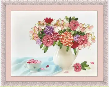 50x40cm 3D gėlių vaza Šilko Juostelės siuvinėjimo rinkinys, ROŽINIS gėlių Puokštė rankdarbiams amatų siūti tiekimo 