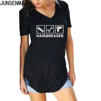 2022 Naujas Vasaros Medvilnės Moterų Marškinėlius trumpomis Rankovėmis Hipster Kirpykla T shirt V-Kaklo Atsitiktinis Viršų Žirklės Tee Marškinėliai Femme drabužiai  5