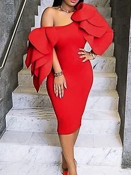 Moteris Raudona Šalis Suknelės Plikas Peties Lapų Siuvimo Kelio Ilgio Suknelė Elegantiškas Ponios Įžymybė Gimtadienio Vakaro Renginį Chalatai 4XL  4