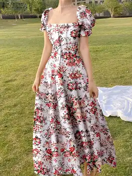 ZANZEA Moterų Elegantiškas Sluoksniuotos Rankovėmis Maxi Ilgio Suknelių Mados 2022 M. Vasarą Bohemijos Spausdinti Seksualus prancūzijos Linija Sundress Šalies Rūbeliai  5