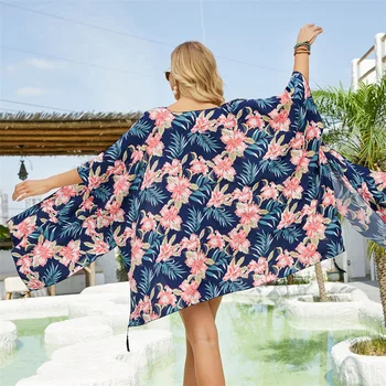 Megztinis Paplūdimio Suknelė su Kutas Gėlių Spausdinti Šifono Padengti Ups, maudymosi Kostiumėliai Moterims Vasaros Tunika Žaliojo 2022 Atidaryti Saulės Suknelės Tunika  4