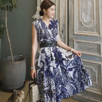 LLZACOOSH 2020 m. Aukštos Kokybės rankovių v neck Dress Blue Print Derliaus Suknelės Kryžiaus Atsitiktinis Vasaros Office Suknelė Su Blet  4