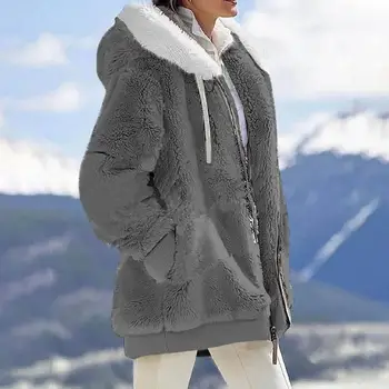 Moterų Žiemos Paltai vientisos Spalvos ilgomis Rankovėmis Lauko Kailis, Užtrauktukas Cardigan Prarasti Šiltas Pūkuotas Pliušinis Lady Kailis Žiemos Drabužių куртки  4