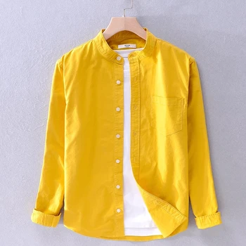 Camisa de manga larga de algodón puro para hombre, Stalviršiai, informales de cuello alto amarillo, ropa de Spalva sólido, Y3170, novedad  10