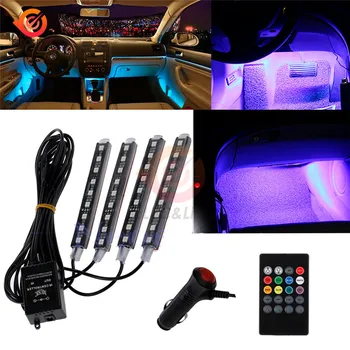 Auto Automobilių Vidaus RGB Spalvų 9 LED Šviesos Juostelės Rinkinys Belaidžių Muzikos Valdymas Automatinis Valdiklis 7 Spalvą Atmosfera  5