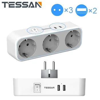 TESSAN Nešiojamas USB Lizdo Adapteris ES Kištukas su 3 Lizdai ir 2 USB, Kelias Europos Plug Power Strip Apsauga nuo Perkrovos  4