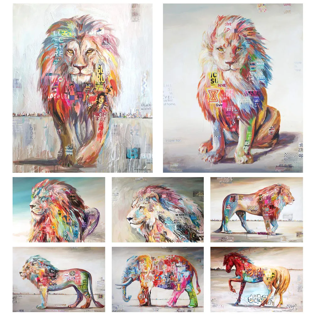 Grafiti menas abstraktus gyvūnų plakatas liūtas, dramblys arklių drobės tapybos biuro kambarį koridoriaus namų puošybai freskos